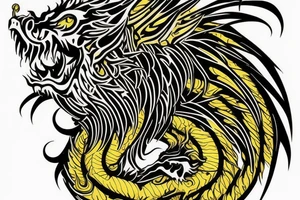 vertically stacked dragon and lion
lions mane
dragon teeth
abstract negative space
divinely illuminated
yellow highlights tattoo idea