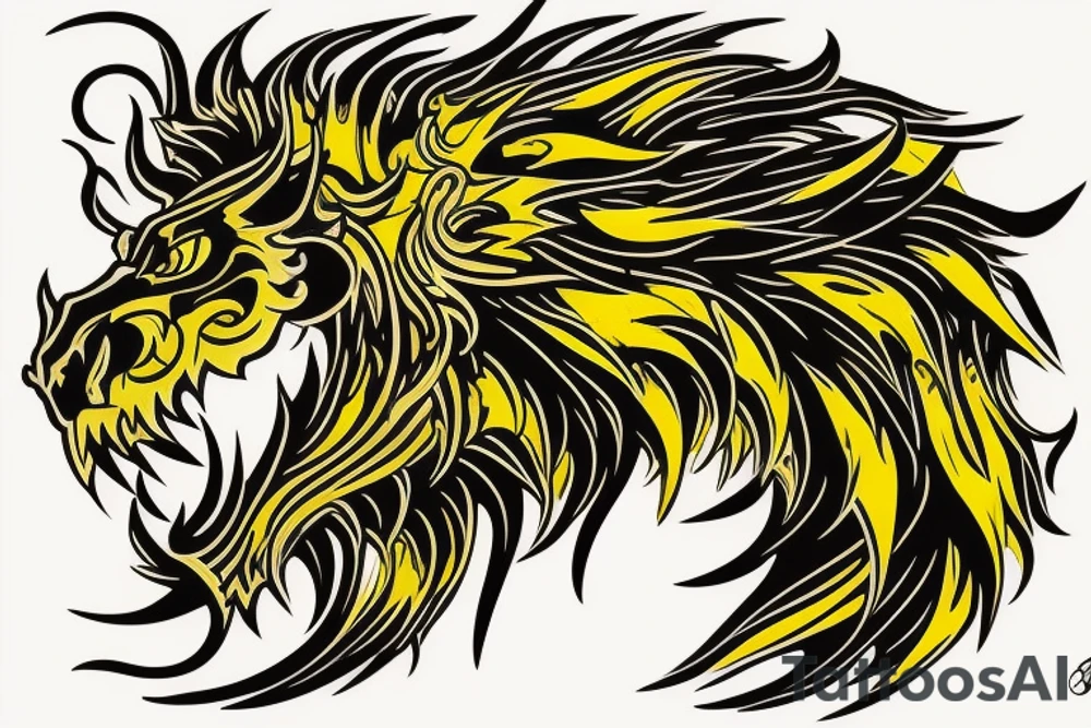 vertically stacked dragon and lion
lions mane
dragon teeth
abstract negative space
divinely illuminated
yellow accents tattoo idea