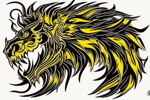 vertically stacked dragon and lion
lions mane
dragon teeth
abstract negative space
divinely illuminated
yellow accents tattoo idea