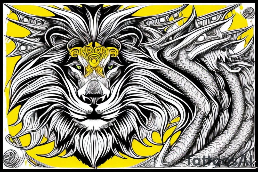 vertically stacked dragon and lion
lions mane
dragon teeth
abstract negative space
divinely illuminated
yellow accents tattoo idea