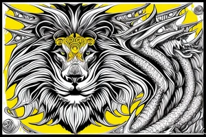 vertically stacked dragon and lion
lions mane
dragon teeth
abstract negative space
divinely illuminated
yellow accents tattoo idea