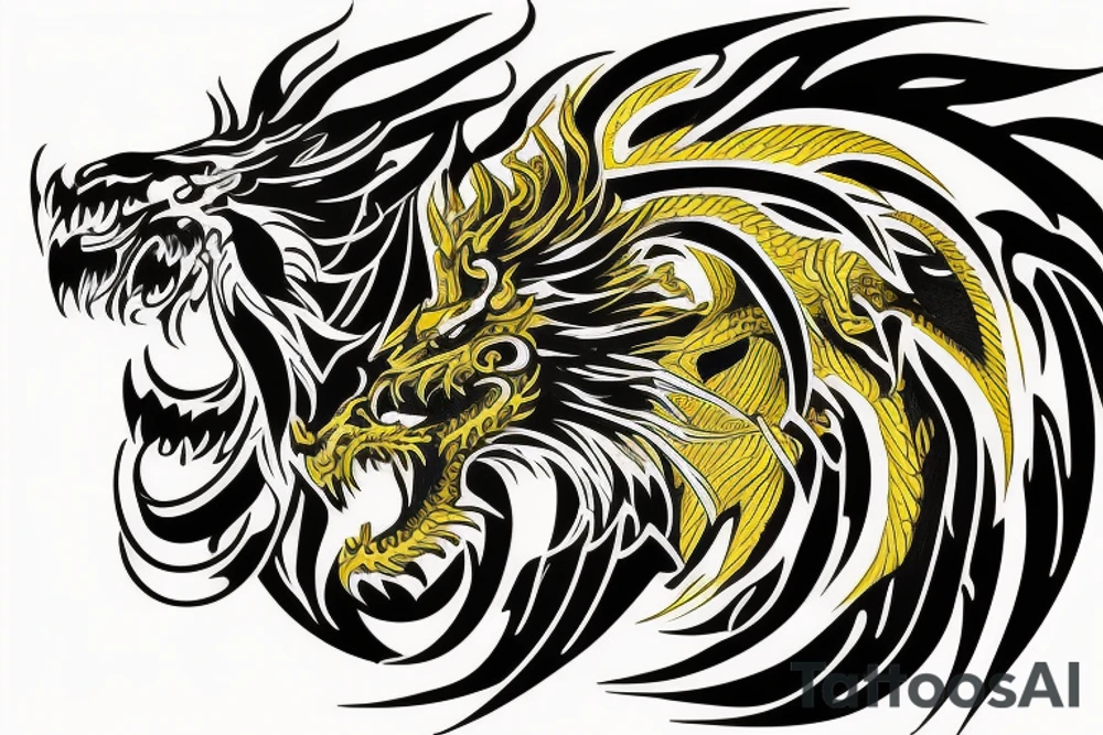 vertically stacked dragon and lion
lions mane
dragon teeth
abstract negative space
divinely illuminated
yellow accents tattoo idea