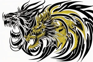 vertically stacked dragon and lion
lions mane
dragon teeth
abstract negative space
divinely illuminated
yellow accents tattoo idea