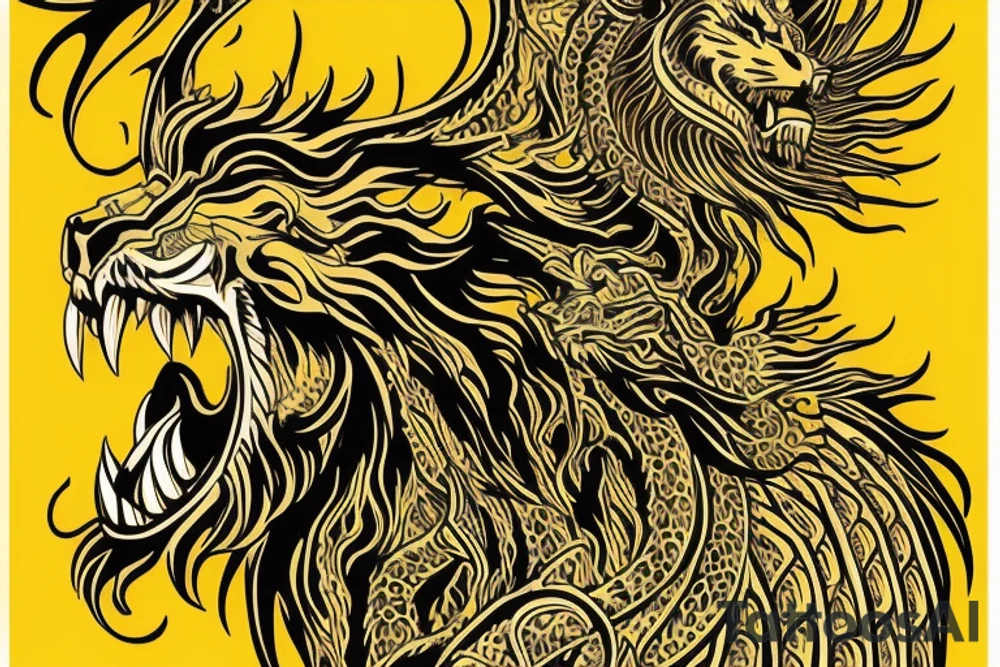 vertically stacked dragon and lion
lions mane
dragon teeth
abstract negative space
divinely illuminated
yellow accents tattoo idea