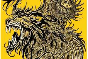 vertically stacked dragon and lion
lions mane
dragon teeth
abstract negative space
divinely illuminated
yellow accents tattoo idea