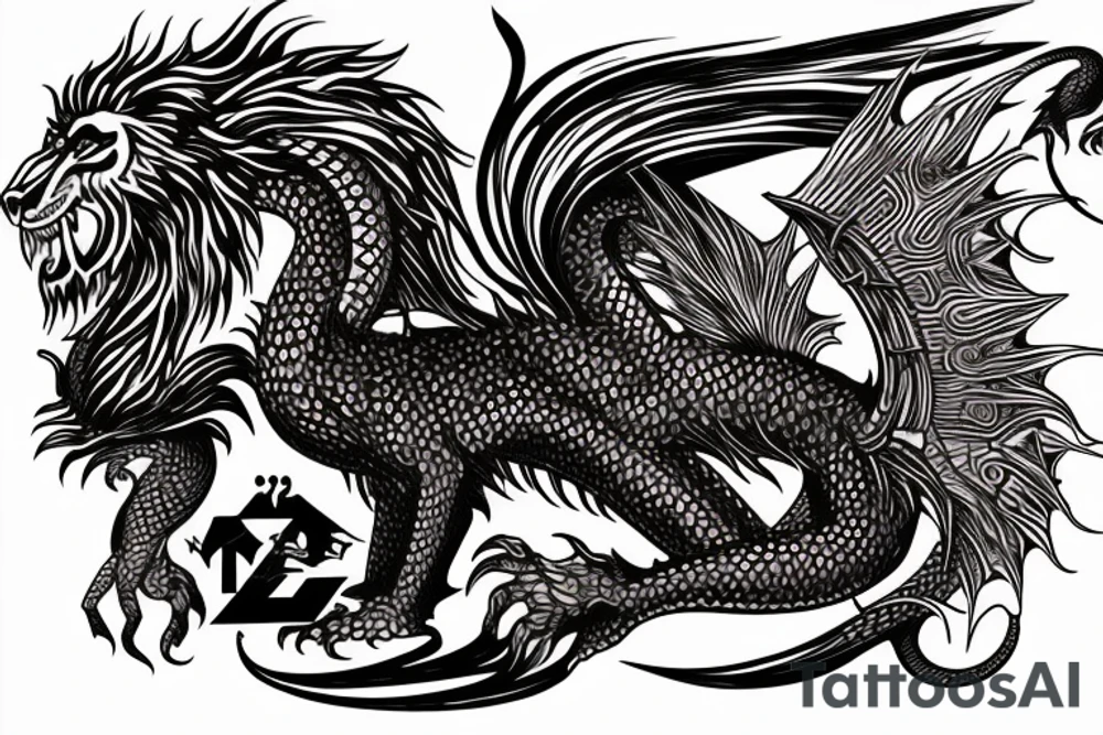vertically stacked dragon and lion
lions mane
dragon teeth
abstract negative space
divinely illuminated
full colour tattoo idea