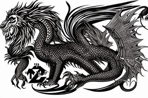 vertically stacked dragon and lion
lions mane
dragon teeth
abstract negative space
divinely illuminated
full colour tattoo idea