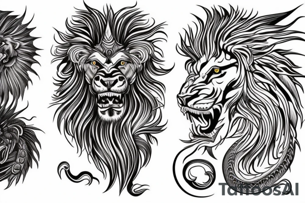 vertically stacked dragon and lion
lions mane
dragon teeth
abstract negative space
divinely illuminated
full colour tattoo idea