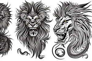 vertically stacked dragon and lion
lions mane
dragon teeth
abstract negative space
divinely illuminated
full colour tattoo idea