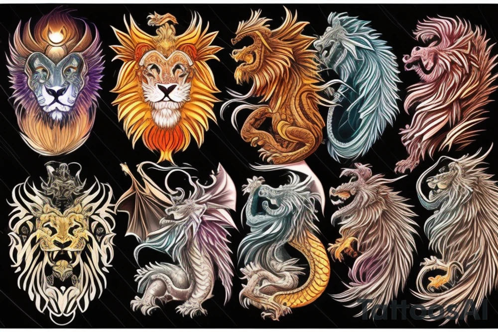vertically stacked dragon and lion
lions mane
dragon teeth
abstract negative space
divinely illuminated
full colour
wings tattoo idea