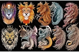 vertically stacked dragon and lion
lions mane
dragon teeth
abstract negative space
divinely illuminated
full colour
wings tattoo idea