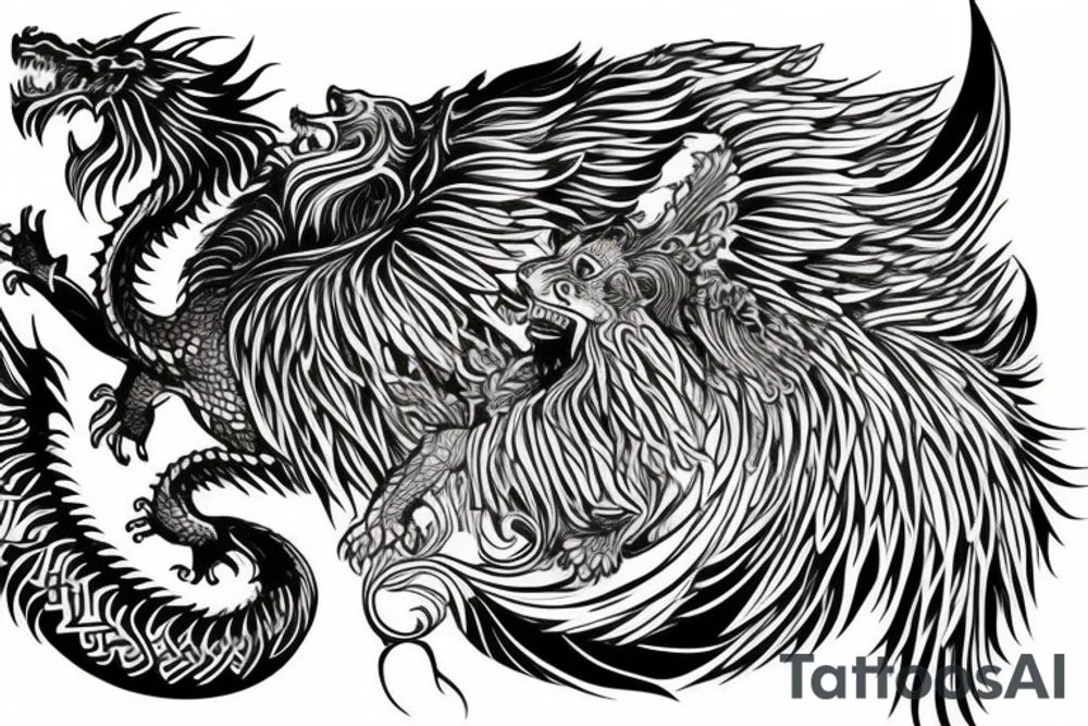 vertically stacked dragon and lion
lions mane
dragon teeth
abstract negative space
divinely illuminated
full colour
wings tattoo idea