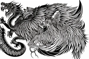 vertically stacked dragon and lion
lions mane
dragon teeth
abstract negative space
divinely illuminated
full colour
wings tattoo idea