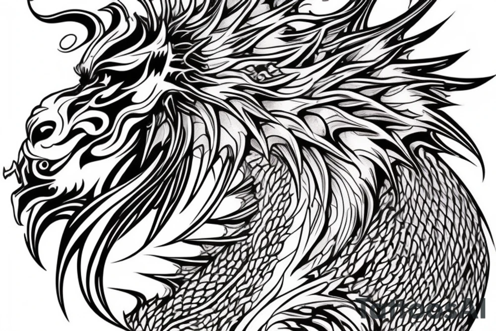 vertically stacked dragon and lion
lions mane
dragon teeth
abstract negative space
divinely illuminated
full colour
wings tattoo idea