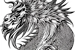 vertically stacked dragon and lion
lions mane
dragon teeth
abstract negative space
divinely illuminated
full colour
wings tattoo idea