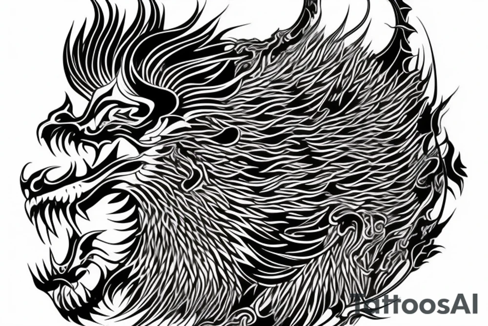 vertically stacked dragon and lion
lions mane
dragon teeth
abstract negative space
divinely illuminated
full colour
wings tattoo idea