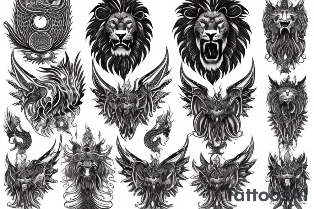 vertically stacked dragon and lion
lions mane
dragon teeth
abstract negative space
divinely illuminated
full colour
wings tattoo idea