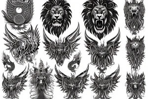 vertically stacked dragon and lion
lions mane
dragon teeth
abstract negative space
divinely illuminated
full colour
wings tattoo idea