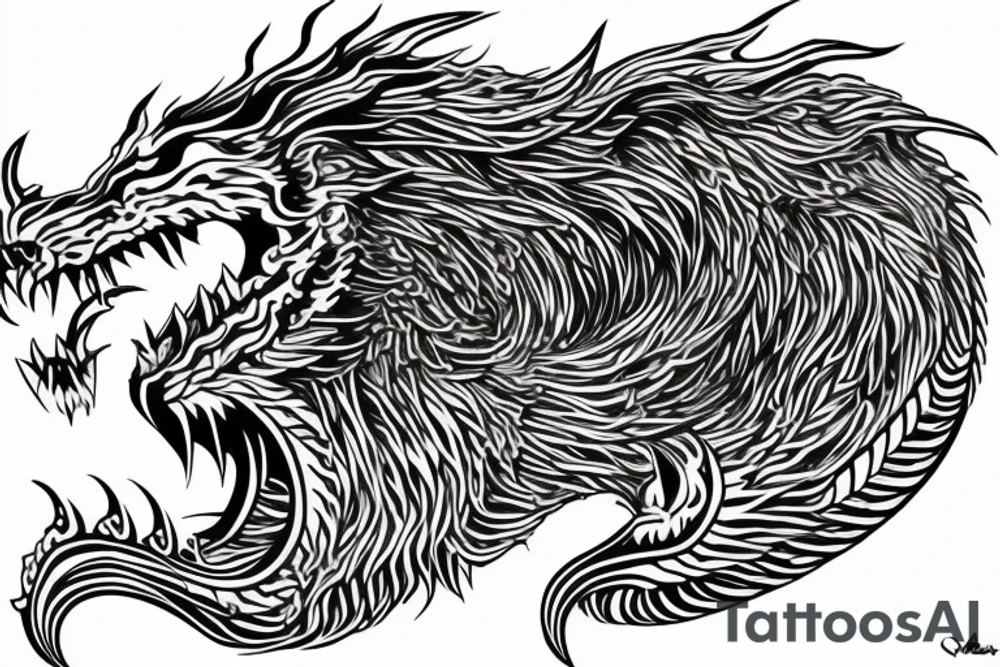 vertically stacked dragon and lion
lions mane
dragon teeth
abstract negative space
divinely illuminated
full colour
wings tattoo idea