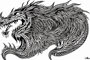 vertically stacked dragon and lion
lions mane
dragon teeth
abstract negative space
divinely illuminated
full colour
wings tattoo idea