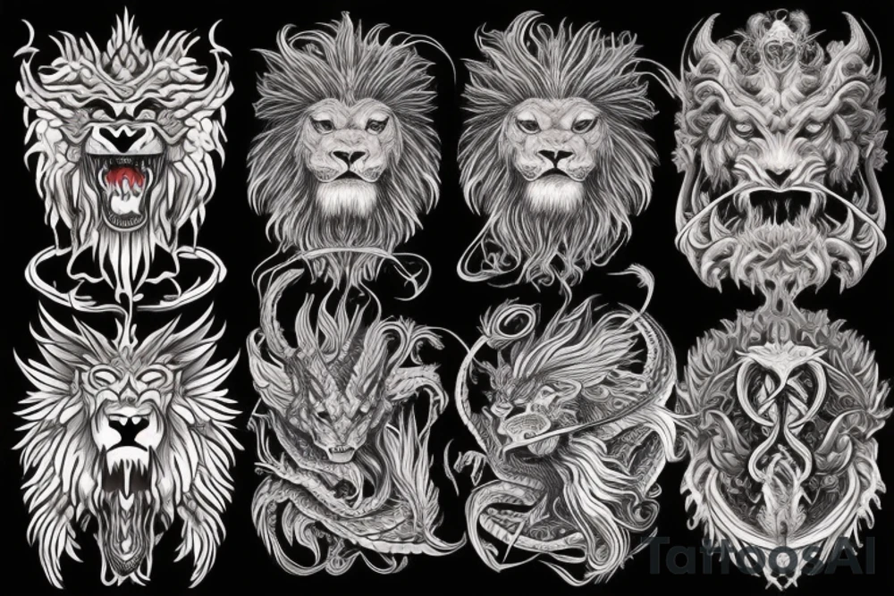 vertically stacked dragon and lion
lions mane
dragon teeth
abstract negative space
divinely illuminated
full colour
wings
satanic tattoo idea