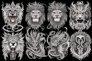 vertically stacked dragon and lion
lions mane
dragon teeth
abstract negative space
divinely illuminated
full colour
wings
satanic tattoo idea