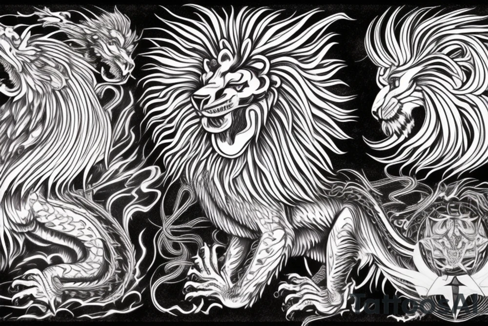 vertically stacked dragon and lion
lions mane
dragon teeth
abstract negative space
divinely illuminated
full colour
wings
satanic tattoo idea
