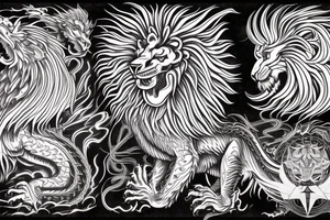 vertically stacked dragon and lion
lions mane
dragon teeth
abstract negative space
divinely illuminated
full colour
wings
satanic tattoo idea
