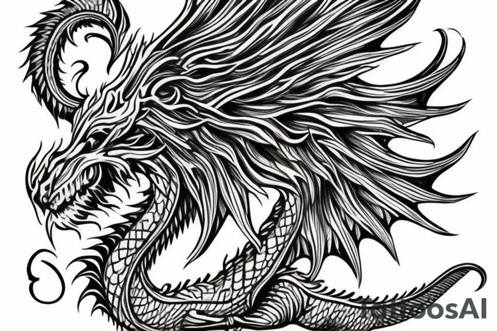 vertically stacked dragon and lion
lions mane
dragon teeth
abstract negative space
divinely illuminated
full colour
wings
satanic tattoo idea