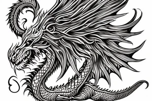 vertically stacked dragon and lion
lions mane
dragon teeth
abstract negative space
divinely illuminated
full colour
wings
satanic tattoo idea