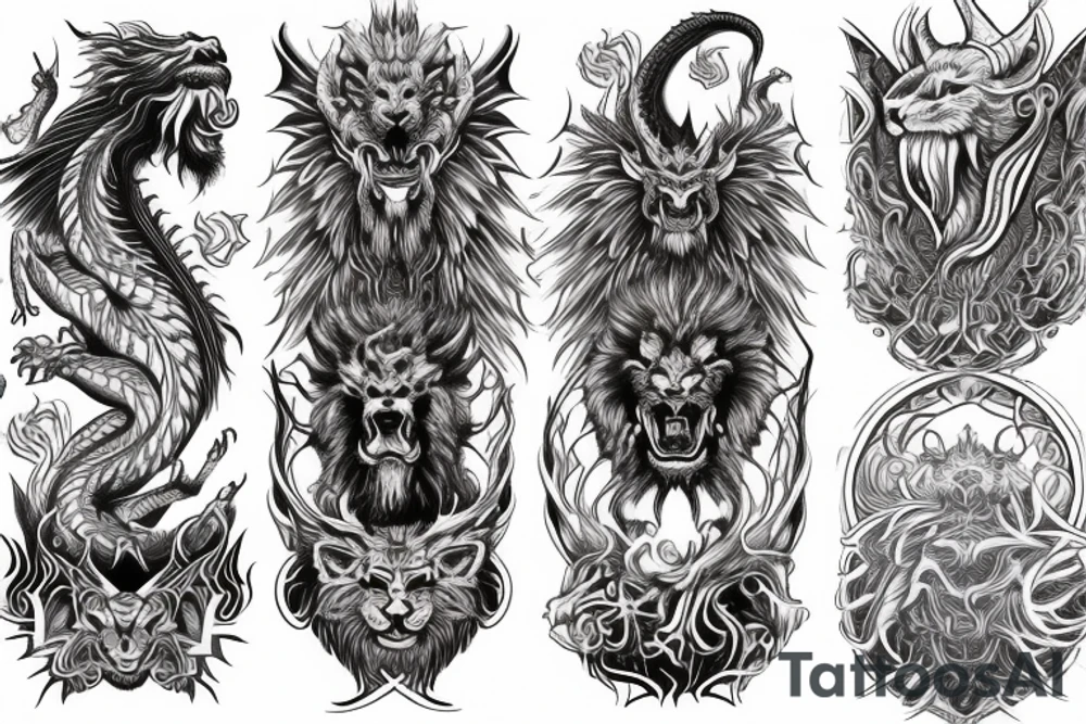 vertically stacked dragon and lion
lions mane
dragon teeth
abstract negative space
divinely illuminated
full colour
wings
satanic tattoo idea