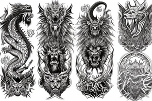 vertically stacked dragon and lion
lions mane
dragon teeth
abstract negative space
divinely illuminated
full colour
wings
satanic tattoo idea