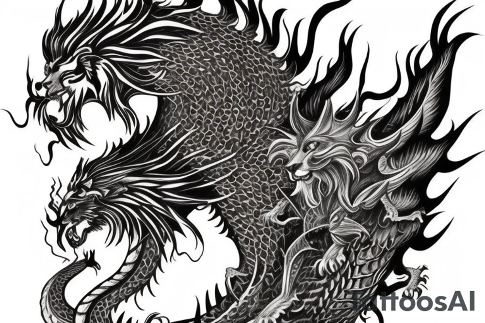 vertically stacked dragon and lion
lions mane
dragon teeth
abstract negative space
divinely illuminated
full colour
wings
mythical tattoo idea