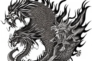 vertically stacked dragon and lion
lions mane
dragon teeth
abstract negative space
divinely illuminated
full colour
wings
mythical tattoo idea