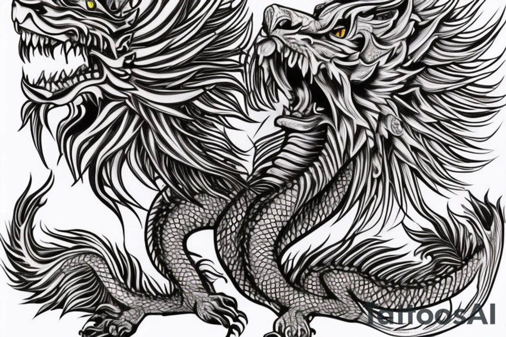 vertically stacked dragon and lion
lions mane
dragon teeth
abstract negative space
divinely illuminated
full colour
wings
mythical tattoo idea