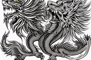 vertically stacked dragon and lion
lions mane
dragon teeth
abstract negative space
divinely illuminated
full colour
wings
mythical tattoo idea