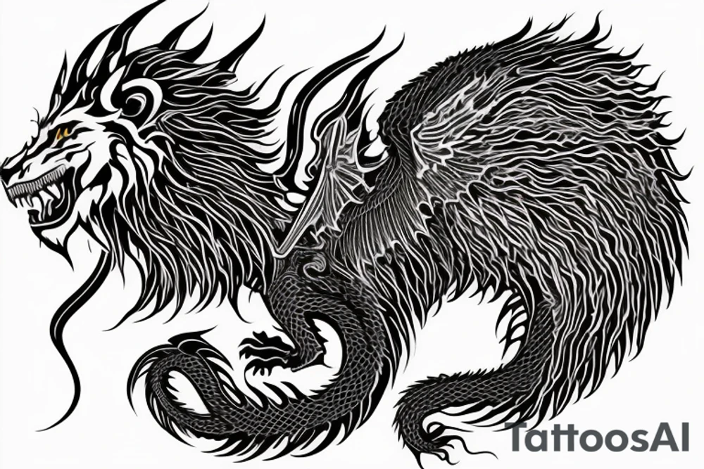 vertically stacked dragon and lion
lions mane
dragon teeth
abstract negative space
divinely illuminated
full colour
wings
mythical tattoo idea