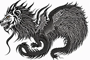 vertically stacked dragon and lion
lions mane
dragon teeth
abstract negative space
divinely illuminated
full colour
wings
mythical tattoo idea