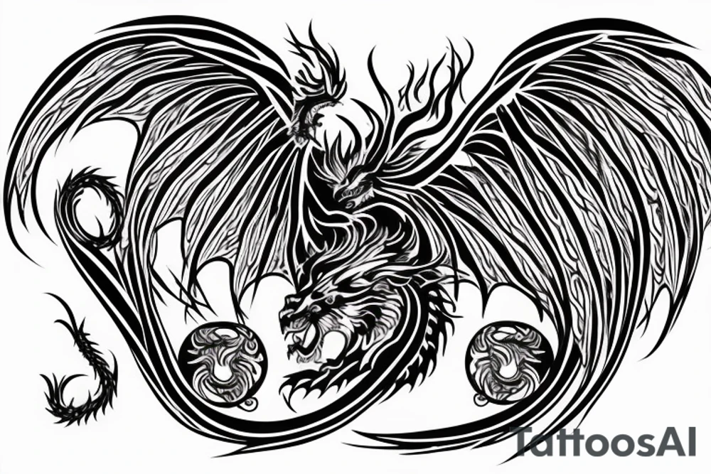 vertically stacked dragon and lion
lions mane
dragon teeth
abstract negative space
divinely illuminated
full colour
wings
mythical tattoo idea