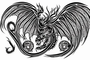 vertically stacked dragon and lion
lions mane
dragon teeth
abstract negative space
divinely illuminated
full colour
wings
mythical tattoo idea