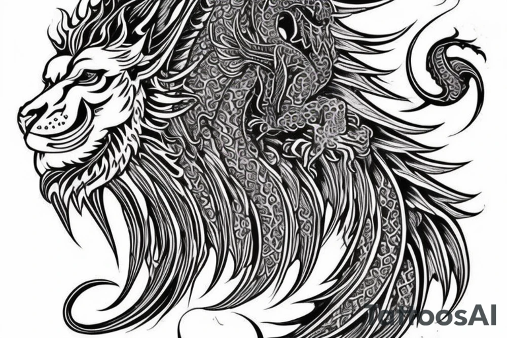 vertically stacked dragon and lion
lions mane
dragon teeth
abstract negative space
divinely illuminated
full colour
wings
mythical tattoo idea