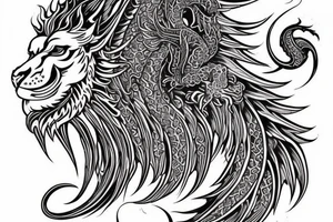 vertically stacked dragon and lion
lions mane
dragon teeth
abstract negative space
divinely illuminated
full colour
wings
mythical tattoo idea