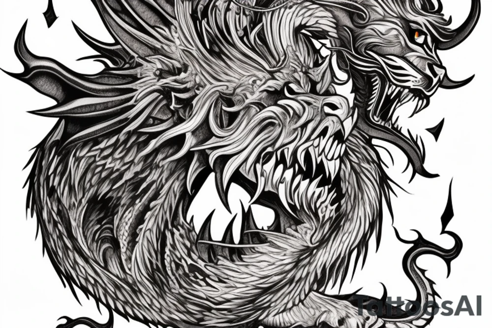 vertically stacked dragon and lion
lions mane
dragon teeth
abstract negative space
divinely illuminated
full colour
wings
mythical tattoo idea