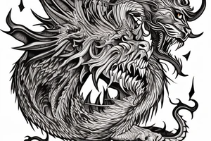 vertically stacked dragon and lion
lions mane
dragon teeth
abstract negative space
divinely illuminated
full colour
wings
mythical tattoo idea
