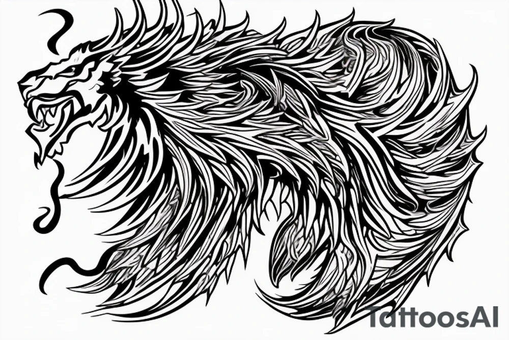 vertically stacked dragon and lion
lions mane
dragon teeth
abstract negative space
divinely illuminated
full colour
wings
dark tattoo idea