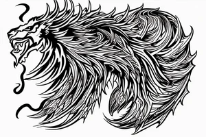 vertically stacked dragon and lion
lions mane
dragon teeth
abstract negative space
divinely illuminated
full colour
wings
dark tattoo idea