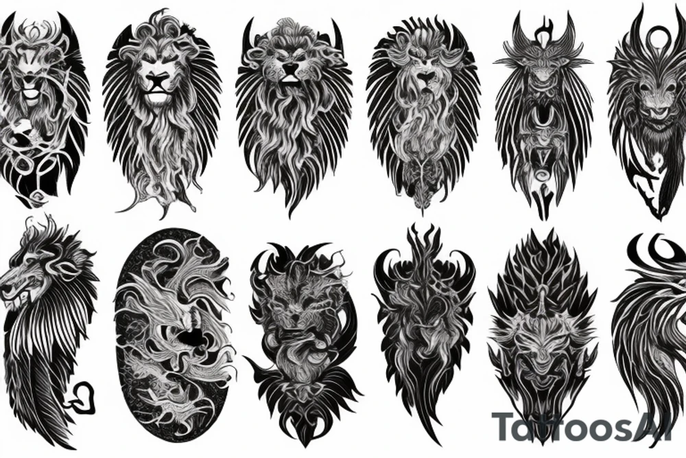 vertically stacked dragon and lion
lions mane
dragon teeth
abstract negative space
divinely illuminated
full colour
wings
dark tattoo idea