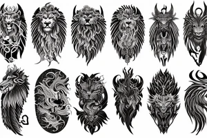 vertically stacked dragon and lion
lions mane
dragon teeth
abstract negative space
divinely illuminated
full colour
wings
dark tattoo idea