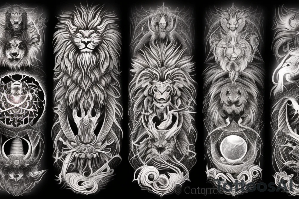 vertically stacked dragon and lion
lions mane
dragon teeth
abstract negative space
divinely illuminated
full colour
wings
dark tattoo idea