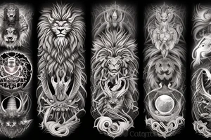 vertically stacked dragon and lion
lions mane
dragon teeth
abstract negative space
divinely illuminated
full colour
wings
dark tattoo idea